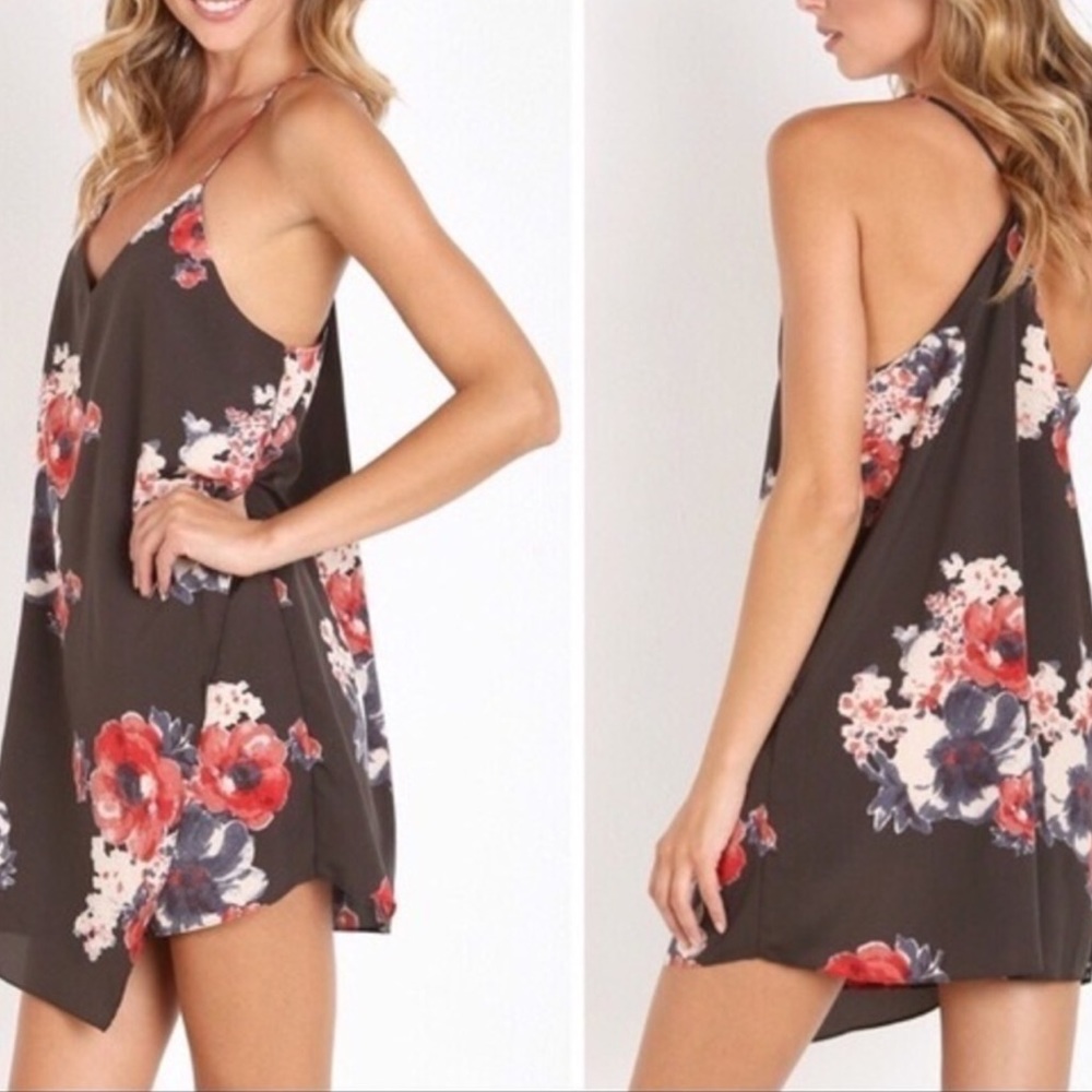 Free People Cascades Slip Dress Tunic Mini Grey Pink Boho Romantic Floral Small